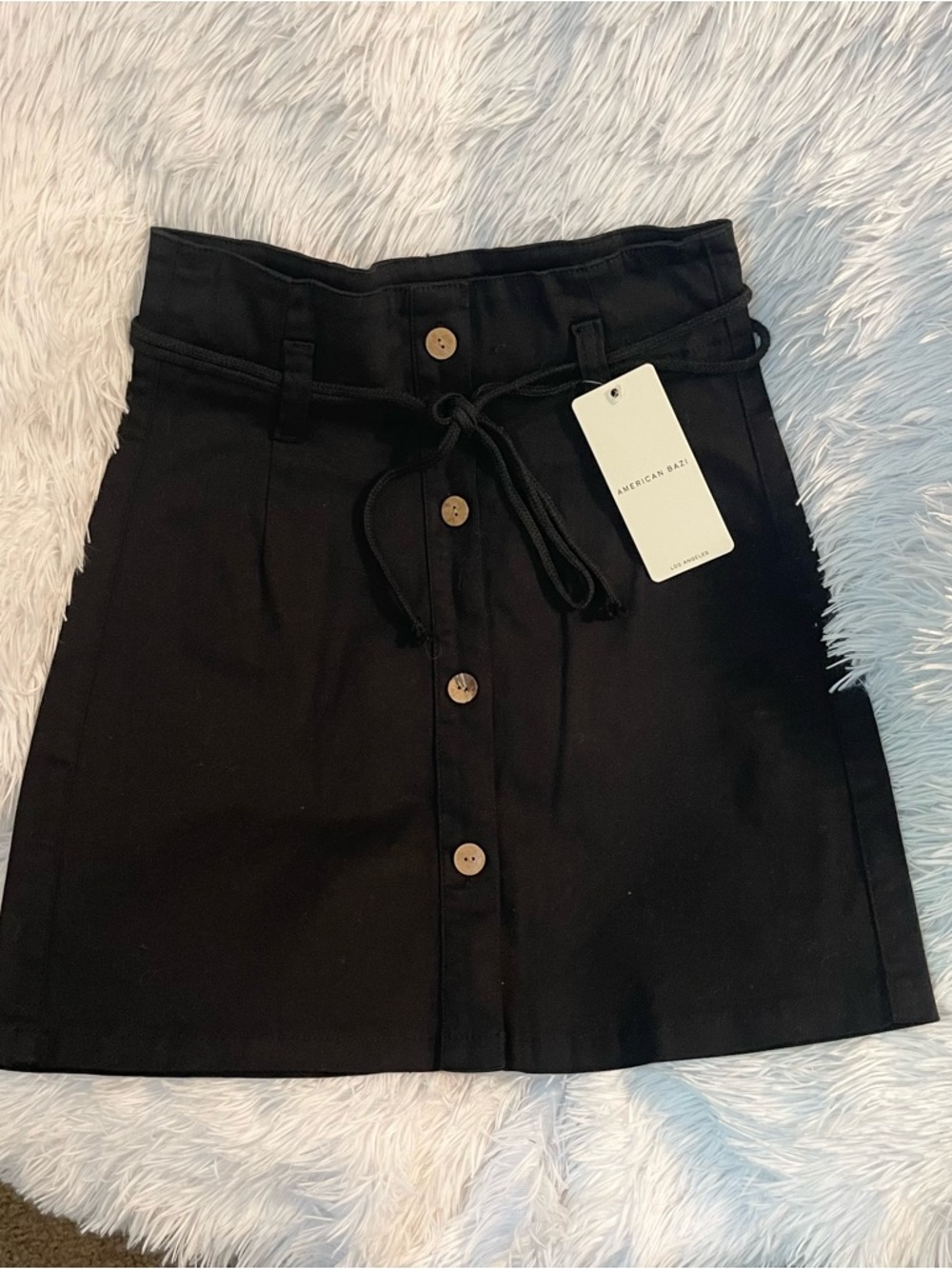 Paper bag string tie buttons black skirt